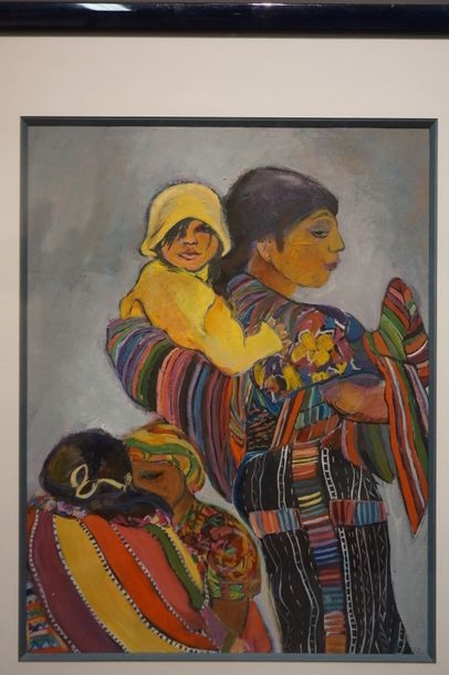 Artwork by Jacqueline Azpiroz, Two framed pieces: "Famille sud-américaine", oil, and "Nature morte au melon", watercolour, sbd, Made of oil