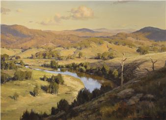 A serene landscape painting of a winding river cutting through rolling hills under a soft, hazy sky.