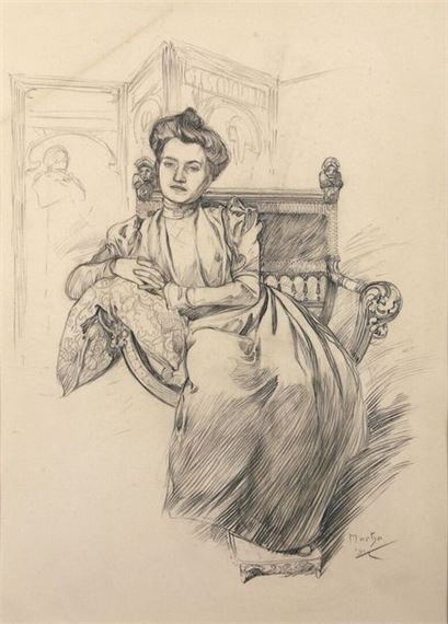 Portrait of Louise Papillard seated in Mucha's studio by Alphonse Mucha, 1902