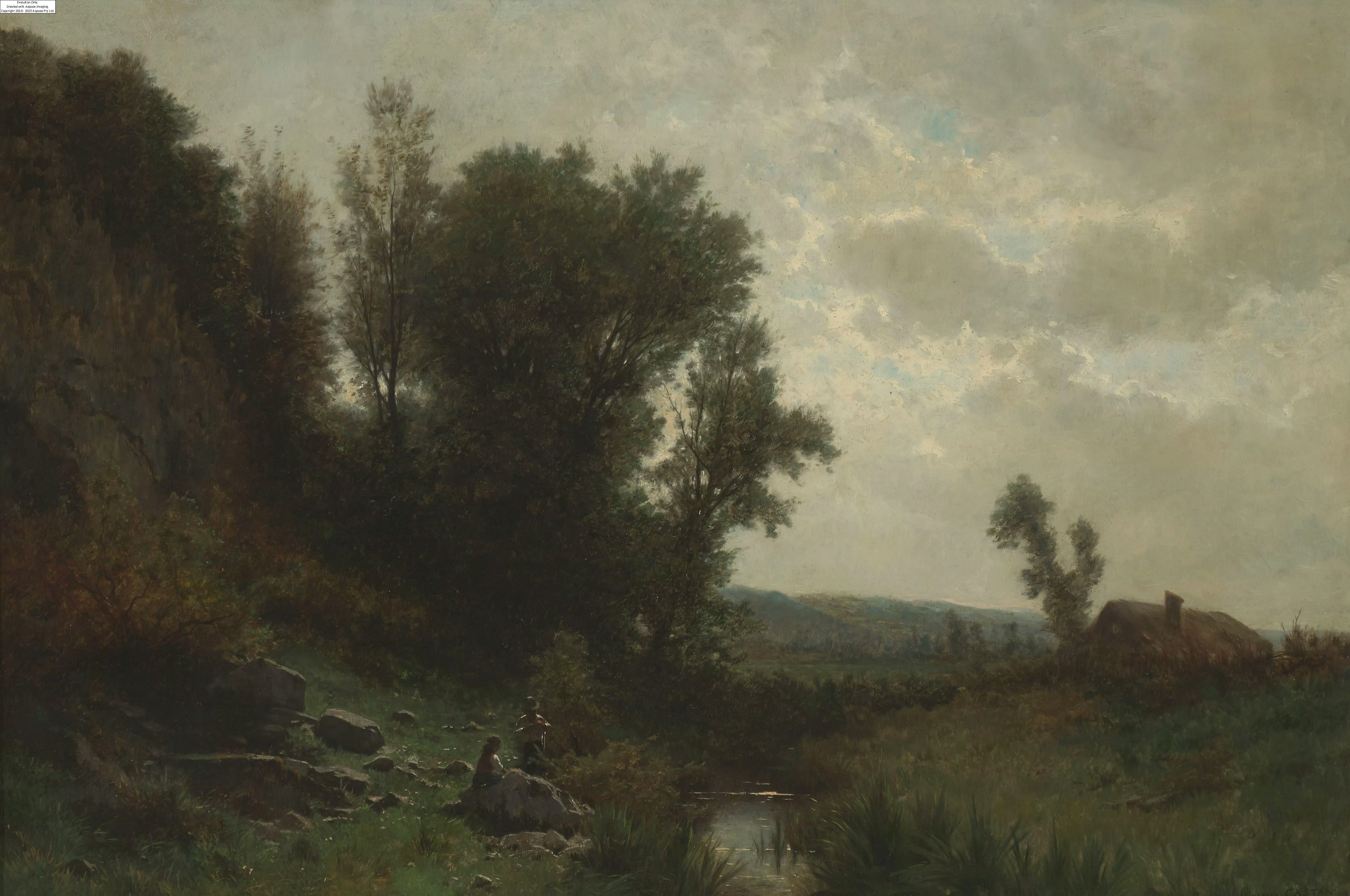 Gustave Castan | Landschaft mit Fischer und Mädchen am Bach | MutualArt