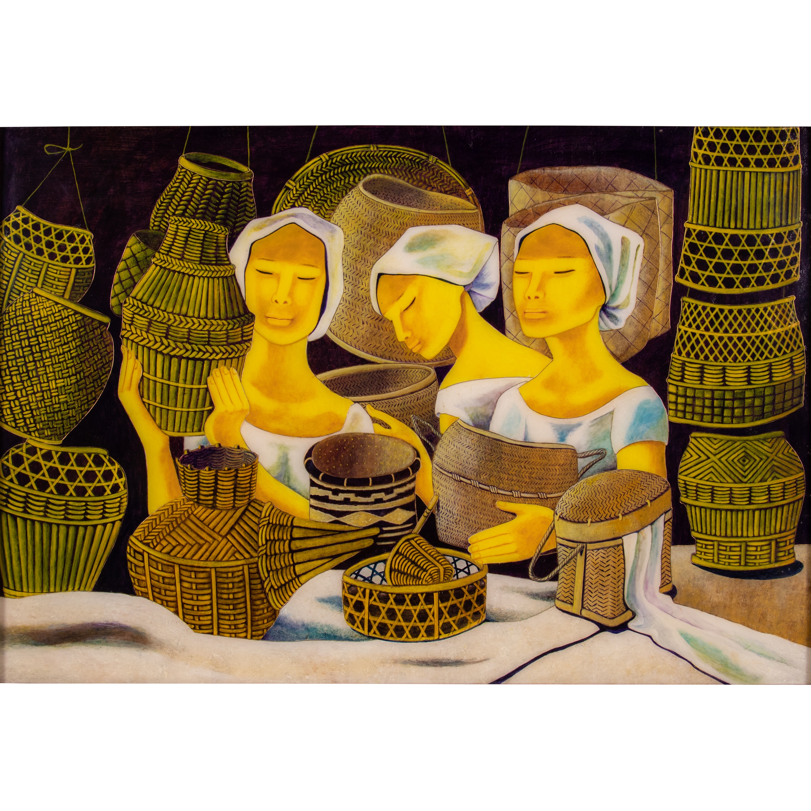 Artwork by Anita Magsaysay-Ho, Three Women and Baskets, Made of jade, wood