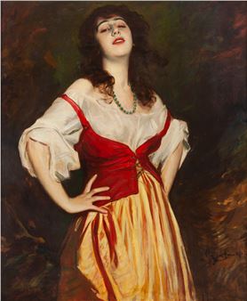 A romantic portrait of a woman in a red and yellow dress with a serene, dreamy expression.