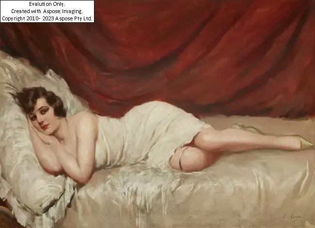 Artwork by E. Maresca, Italian late 19th/early 20th century -  Reclining draped female nude;  oil on canvas, Made of oil on canvas