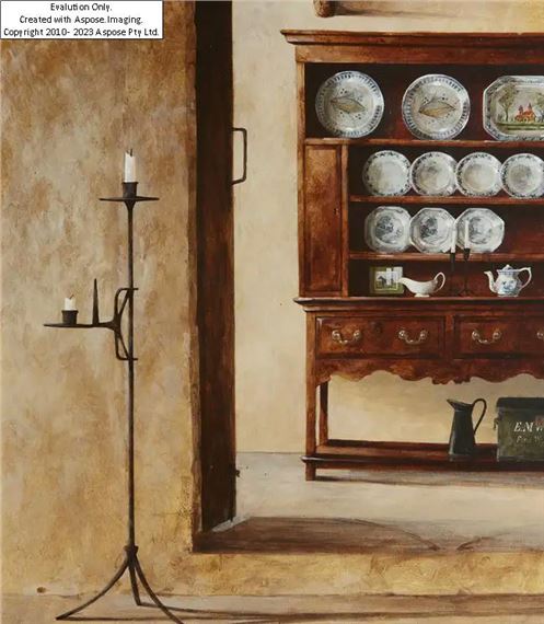 The Welsh Dresser, 1995;    acrylic on board, signed lower right 'Bone', titled and dated to artist's label on the reverse of the frame 'The Welsh Dresser 1995', 35.5 x 31.3 cm (ARR) Provenance: with Llewellyn Alexander Ltd, London (according to the label attached to the reverse of the frame) by Ron Bone, 1995