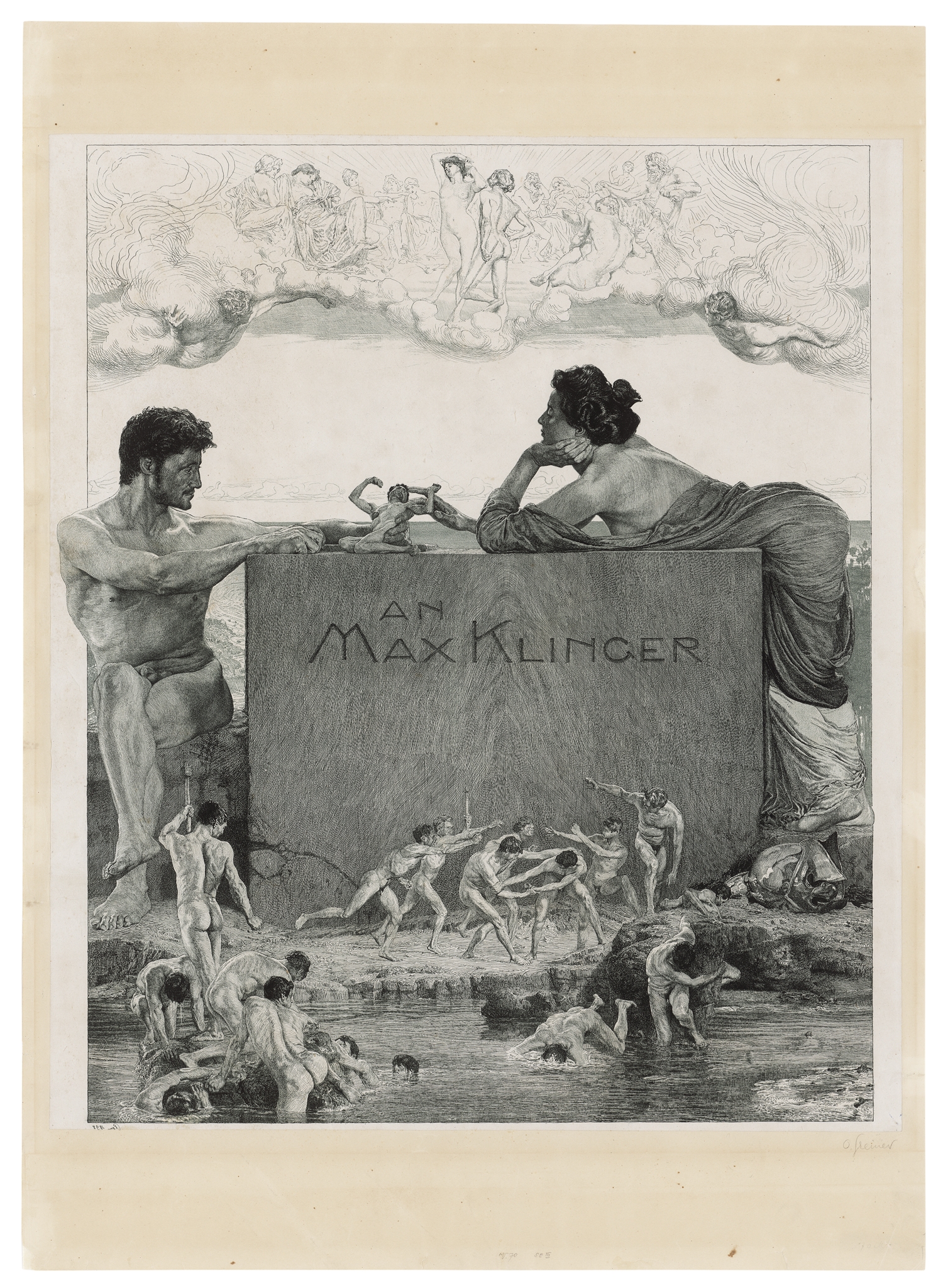Artwork by Otto Greiner, Widmung an Max Klinger, Made of Federlithographie in Grün auf Similijapan