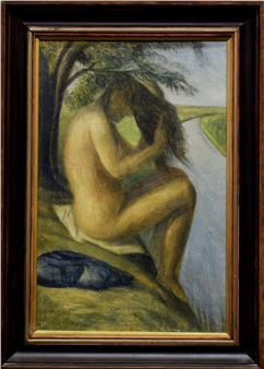 Děvče s dlouhými vlasy na břehu řeky. - Lumír Šindelář