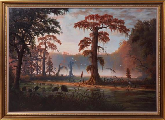 A serene swamp landscape featuring a central cypress tree with Spanish moss, surrounded by water and birds.