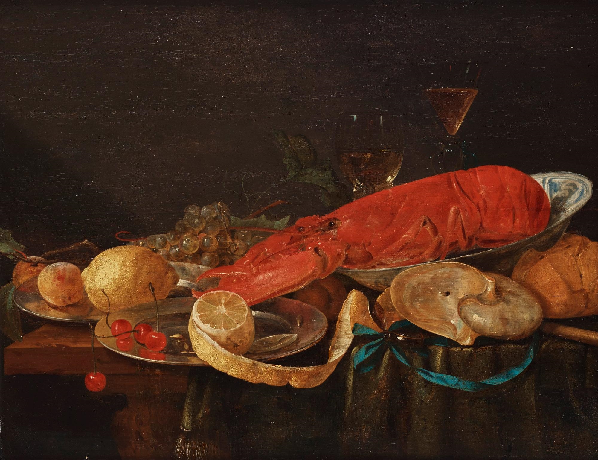 Artwork by Pieter van Overschee, Still Life with Lobster, Nautilus Shell, Wanli dish, and Lemon, Made of Reinforced panel