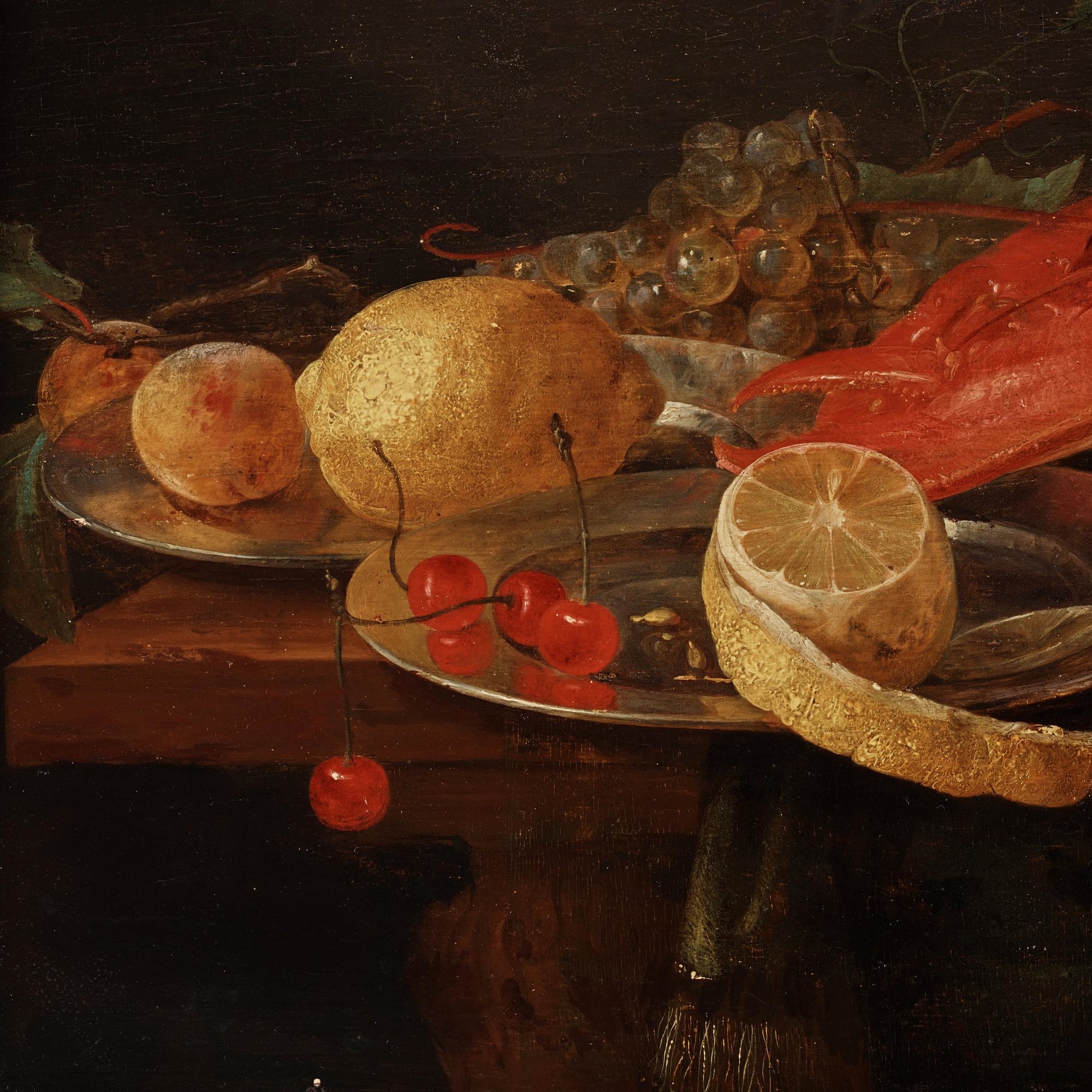 Artwork by Pieter van Overschee, Still Life with Lobster, Nautilus Shell, Wanli dish, and Lemon, Made of Reinforced panel