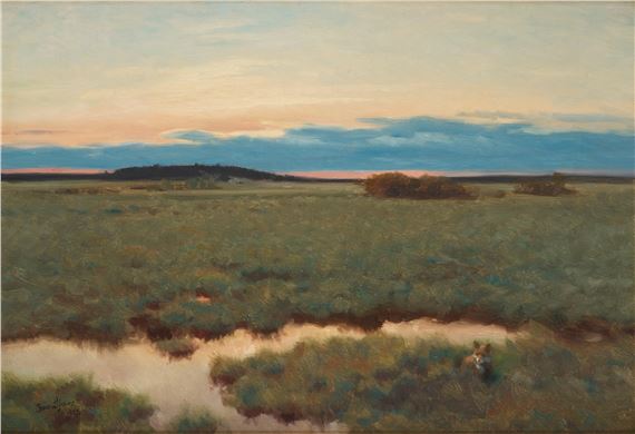 "Sommarnatt med räf" (Summer night landscape with fox) by Bruno Liljefors, dated 1929