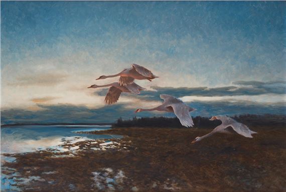 Twilight landscape with stretching swans by Bruno Liljefors, dated 1924