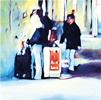 A vibrant, impressionistic painting of three figures with luggage in a snowy urban setting.