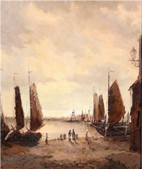 Afgemeerde schepen met personen - Rob de Haan