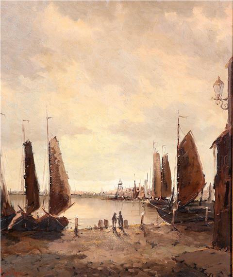 Afgemeerde schepen met personen by Rob de Haan, 1943