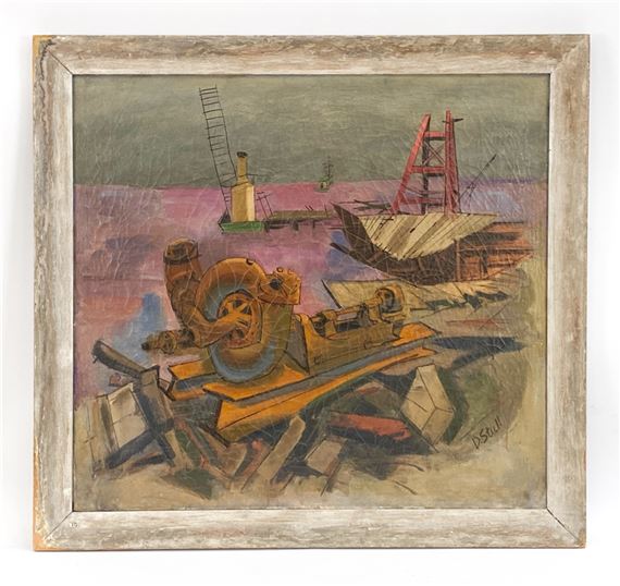 Large oil on canvas of industrial junkyard by John Deforest Stull