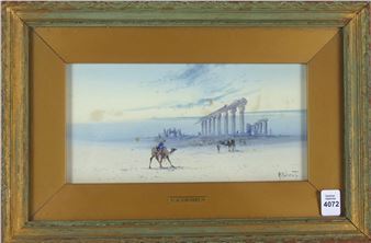 Untitled: Desert Scene with Figures on Camels and Ruins - Alfred Calvert