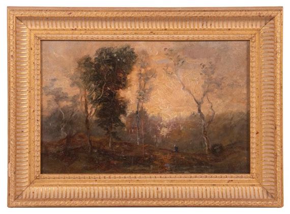 Misty Landscape with tall wispy trees and peachy glow to sky - John Semon