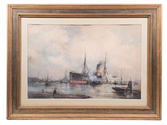 Harbor Scene with Departing Freighter - William J. Leenders