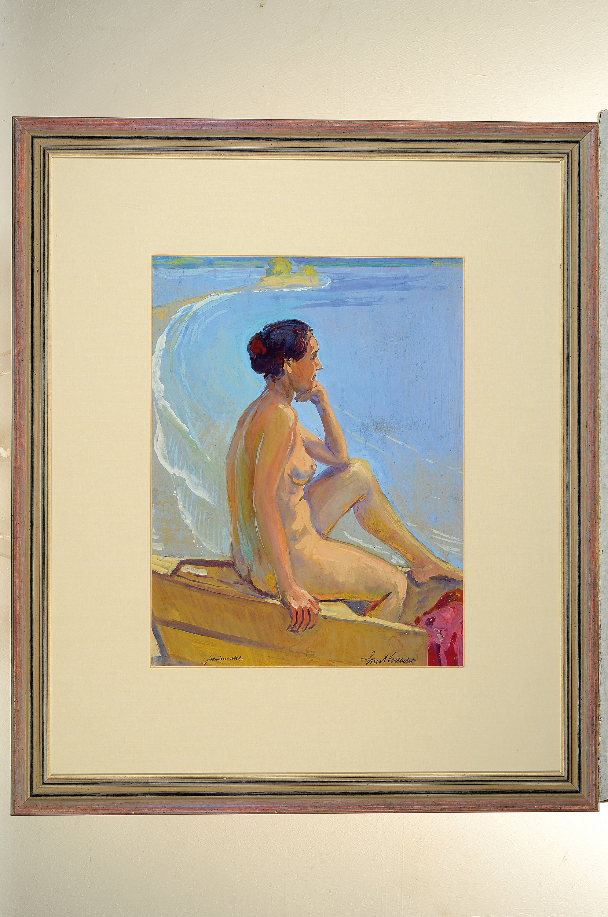 A nude figure sits contemplatively in a small boat on the water.