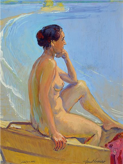A nude figure sits contemplatively in a small boat on the water.