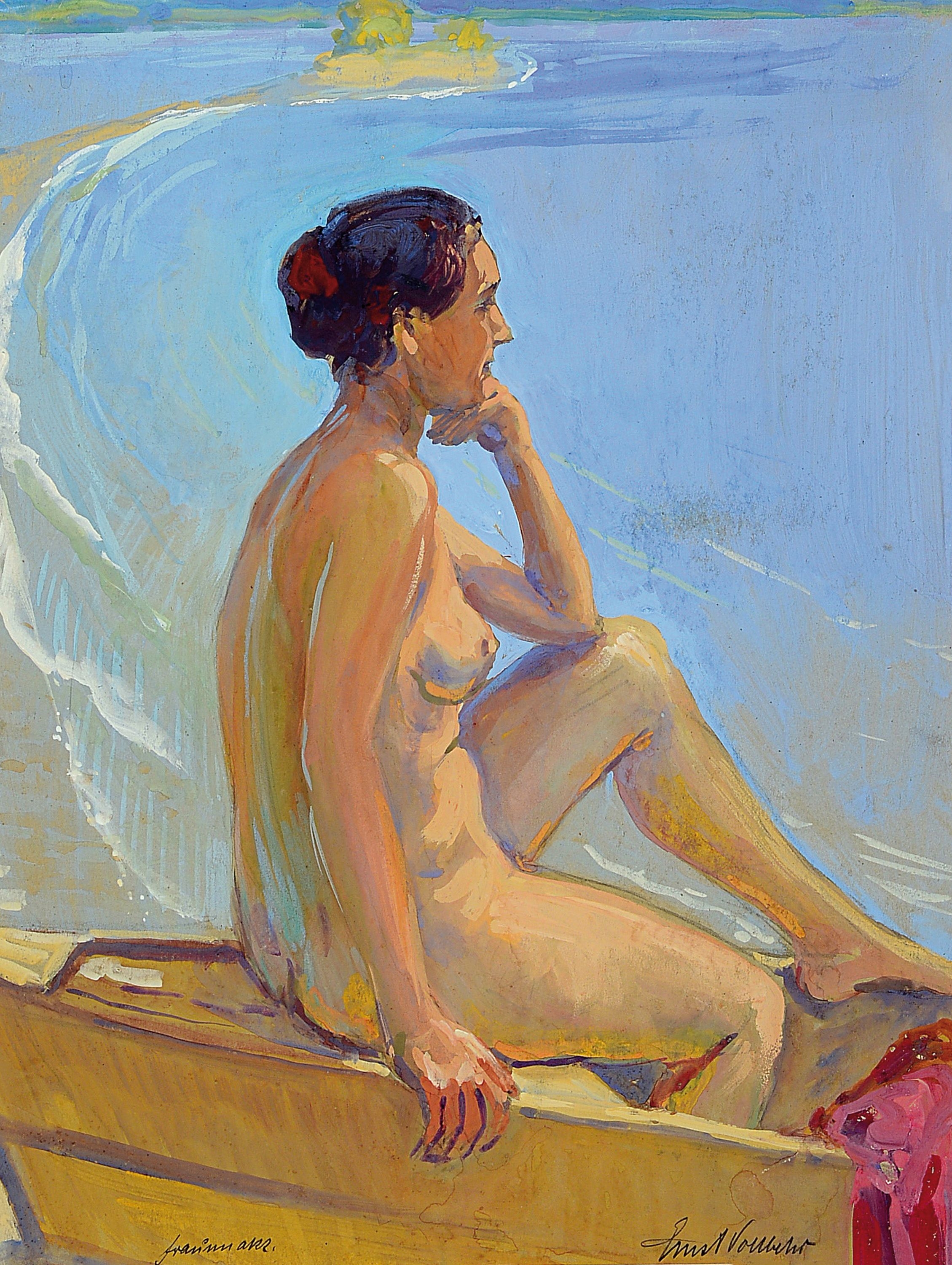 A nude figure sits contemplatively in a small boat on the water.