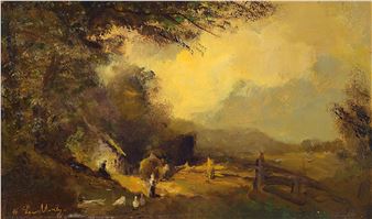 Evening mood above the farmhousewith farmers and geese - Heinrich Leuchtenberg