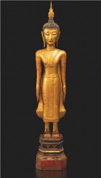 Wooden standing Buddha figure by Thai School, 19th Century, 19th century
