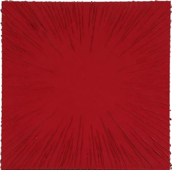 A bold red abstract composition featuring a central void surrounded by radiating textured lines.