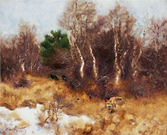 Skogslandskap med hundar på rävjakt by Bruno Liljefors, 1917