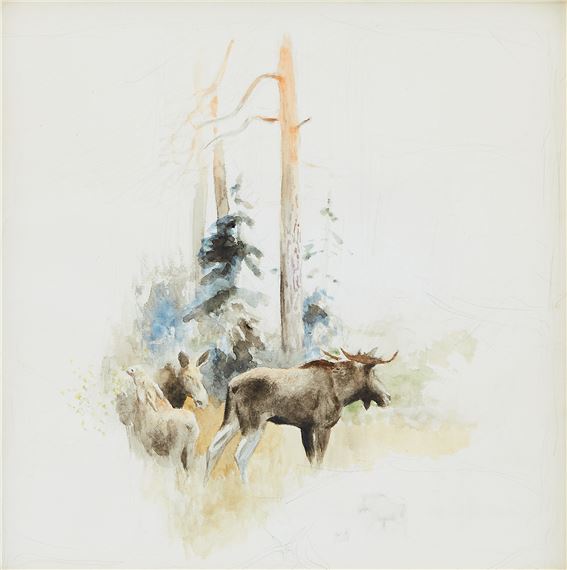 Älgfamilj i landskap by Bruno Liljefors