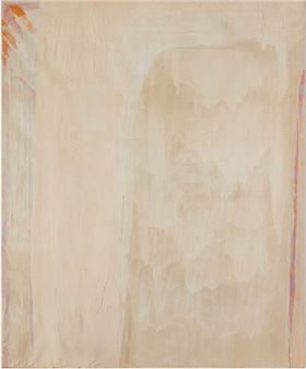 A minimalist abstract painting featuring a soft, textured beige surface with subtle tonal variations and faint vertical strokes.