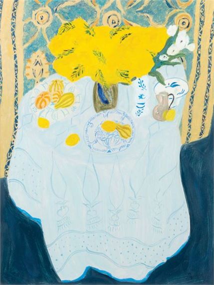 Still life with a bouquet of mimosas Oil on paper signed lower right