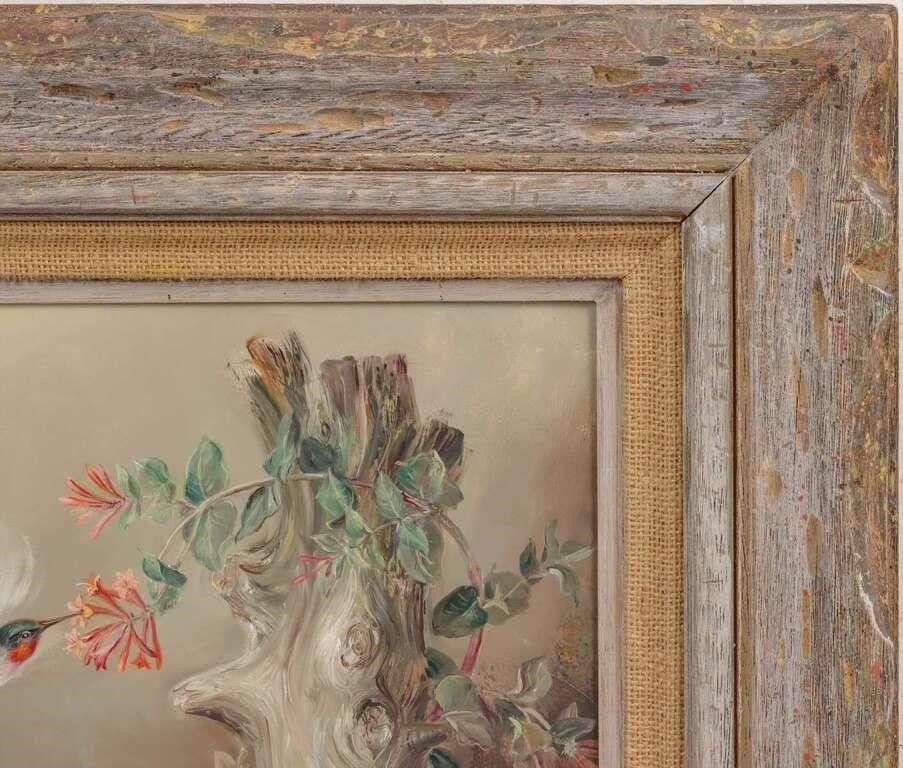 Artwork by Lennon Ray Bandel, 1906-2004). The Pink Honeysuckle. 1981. Signed lower left and dated 1981, Made of OIL ON MASONITE