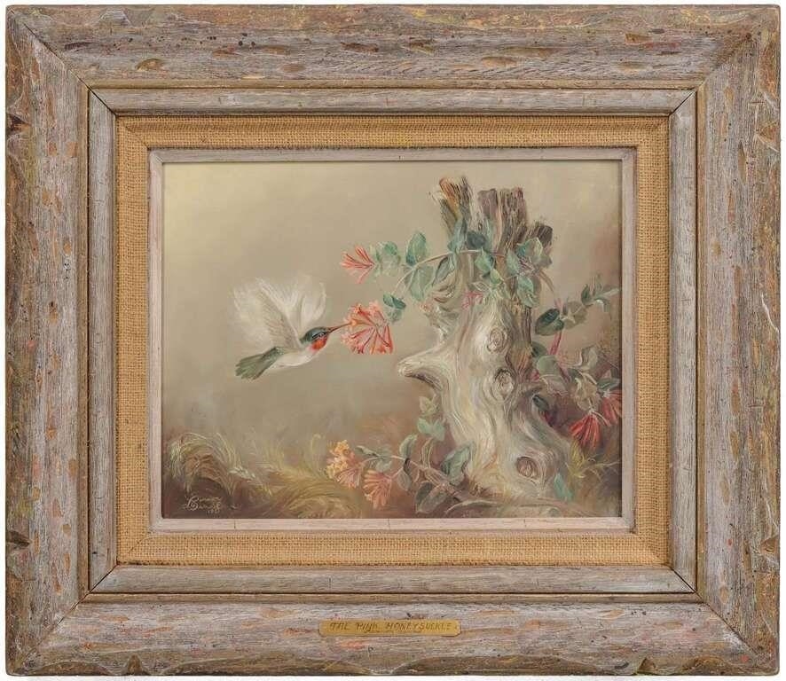 Artwork by Lennon Ray Bandel, 1906-2004). The Pink Honeysuckle. 1981. Signed lower left and dated 1981, Made of OIL ON MASONITE