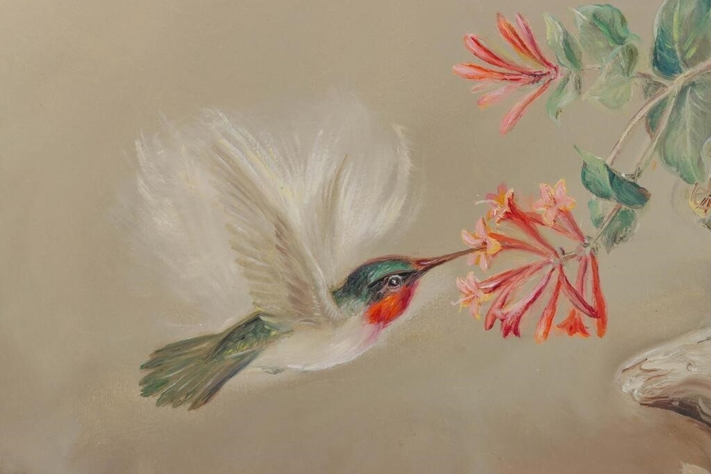 Artwork by Lennon Ray Bandel, 1906-2004). The Pink Honeysuckle. 1981. Signed lower left and dated 1981, Made of OIL ON MASONITE