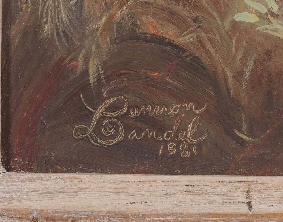 Artwork by Lennon Ray Bandel, 1906-2004). The Pink Honeysuckle. 1981. Signed lower left and dated 1981, Made of OIL ON MASONITE