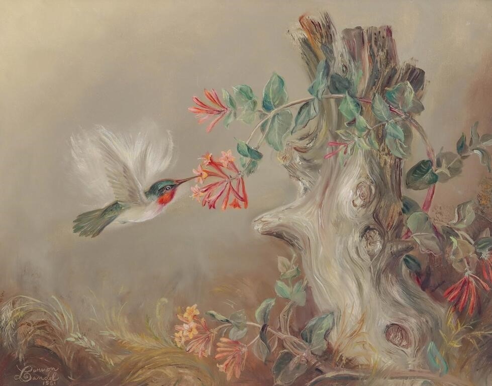 Artwork by Lennon Ray Bandel, 1906-2004). The Pink Honeysuckle. 1981. Signed lower left and dated 1981, Made of OIL ON MASONITE
