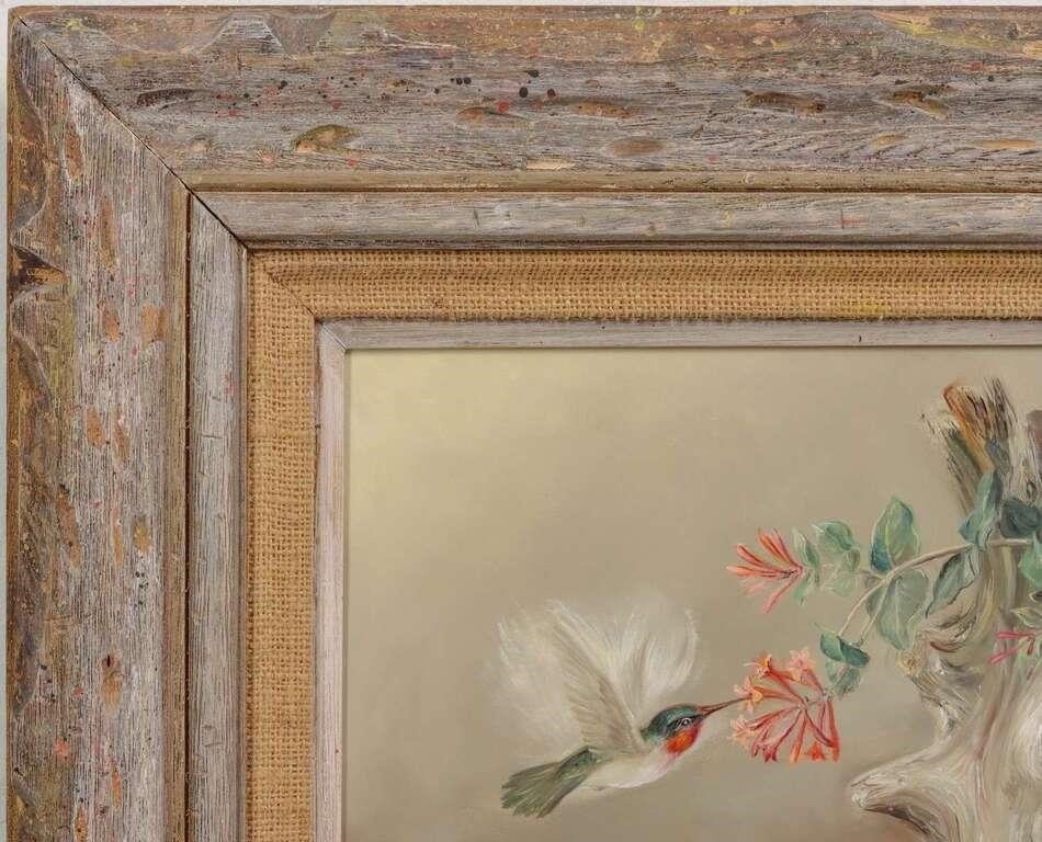 Artwork by Lennon Ray Bandel, 1906-2004). The Pink Honeysuckle. 1981. Signed lower left and dated 1981, Made of OIL ON MASONITE