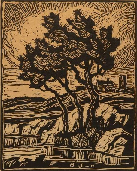 1871-1954). Hillside Creek. 1938. The linocut is signed by the artist in pencil below the image lower right by Birger Sandzén, 1938