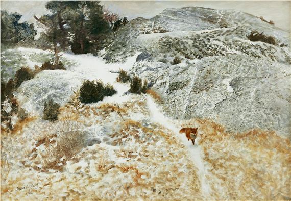 Räv och jakthundar i ett vinterlandskap by Bruno Liljefors, 1906