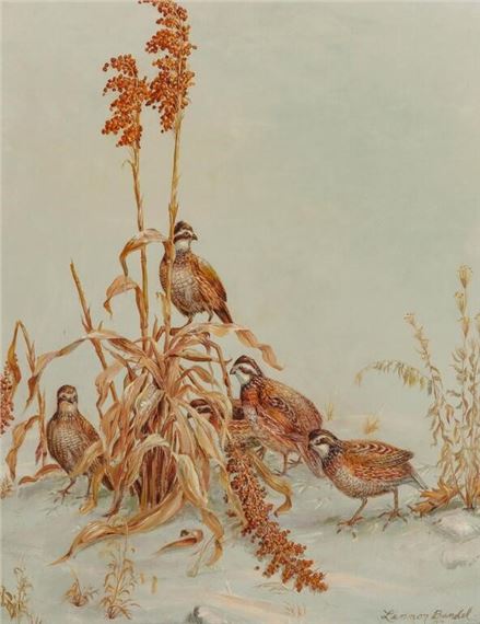 1906-2004). Covy (sic) in Winter (Covy Winter Feeding). 1978. Signed lower right by Lennon Ray Bandel, 1978