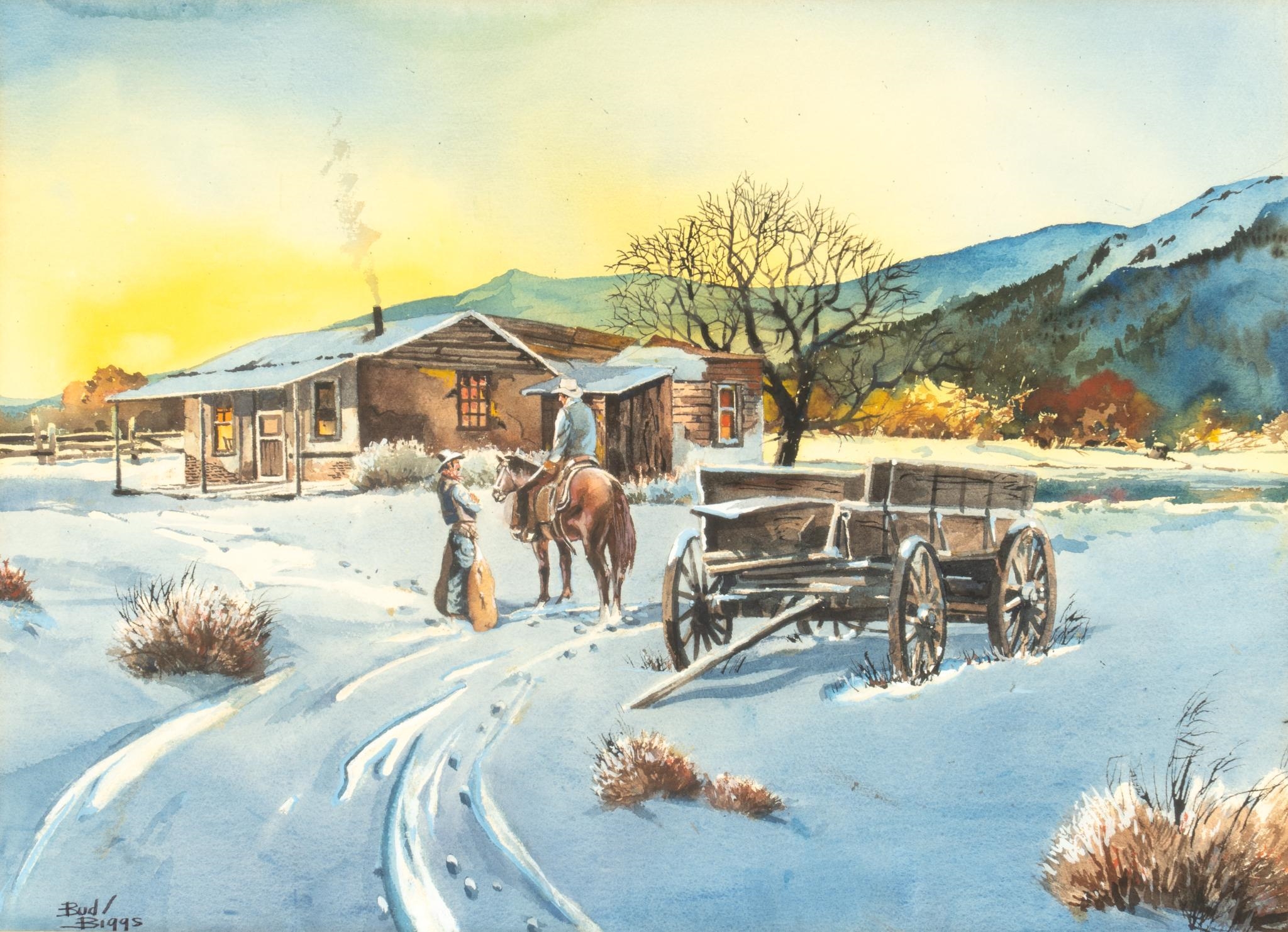 Artwork by Bud Biggs, Wagon in the Snow, Made of watercolor
