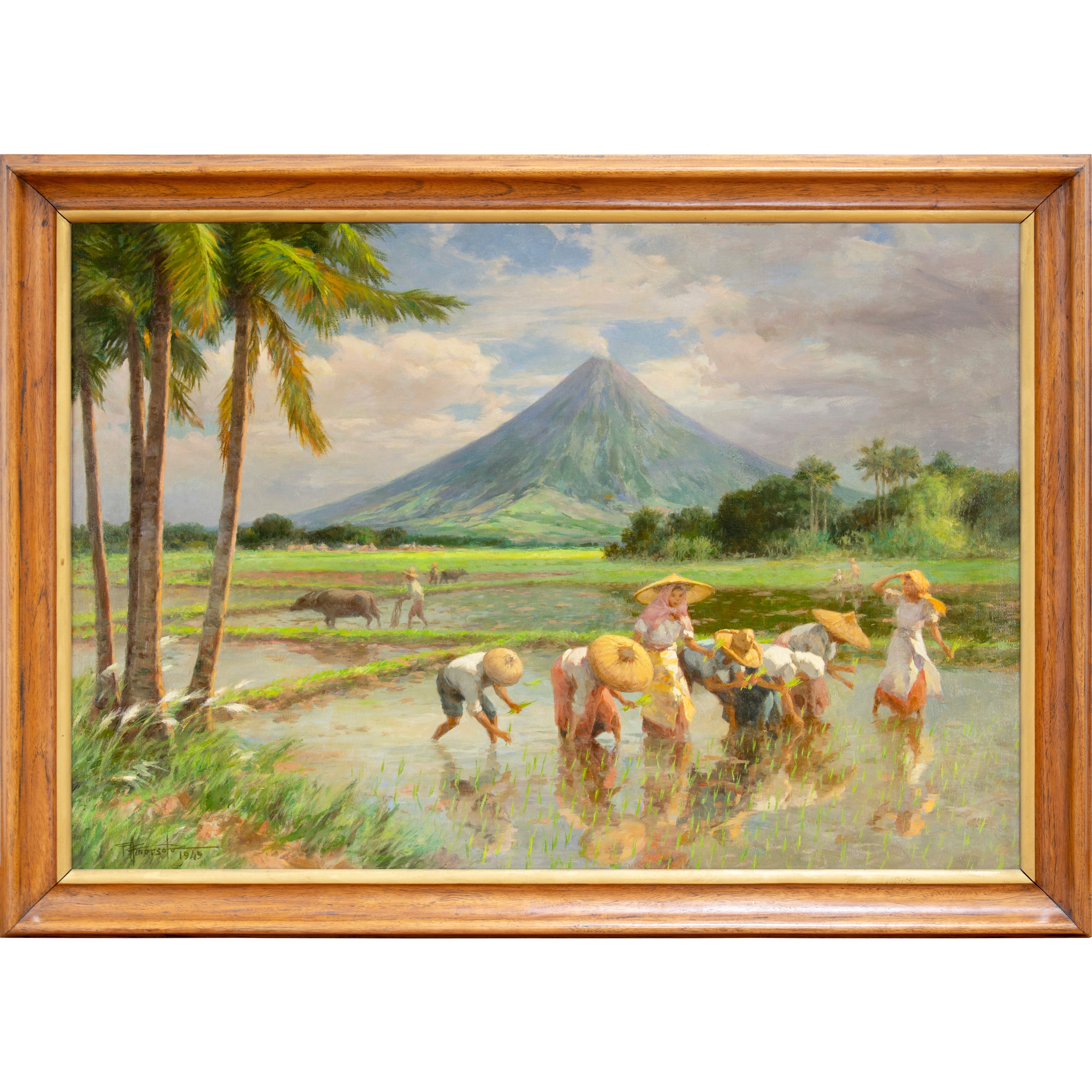 Fernando Amorsolo | Planting Rice with Mayon Volcano (1949) | MutualArt