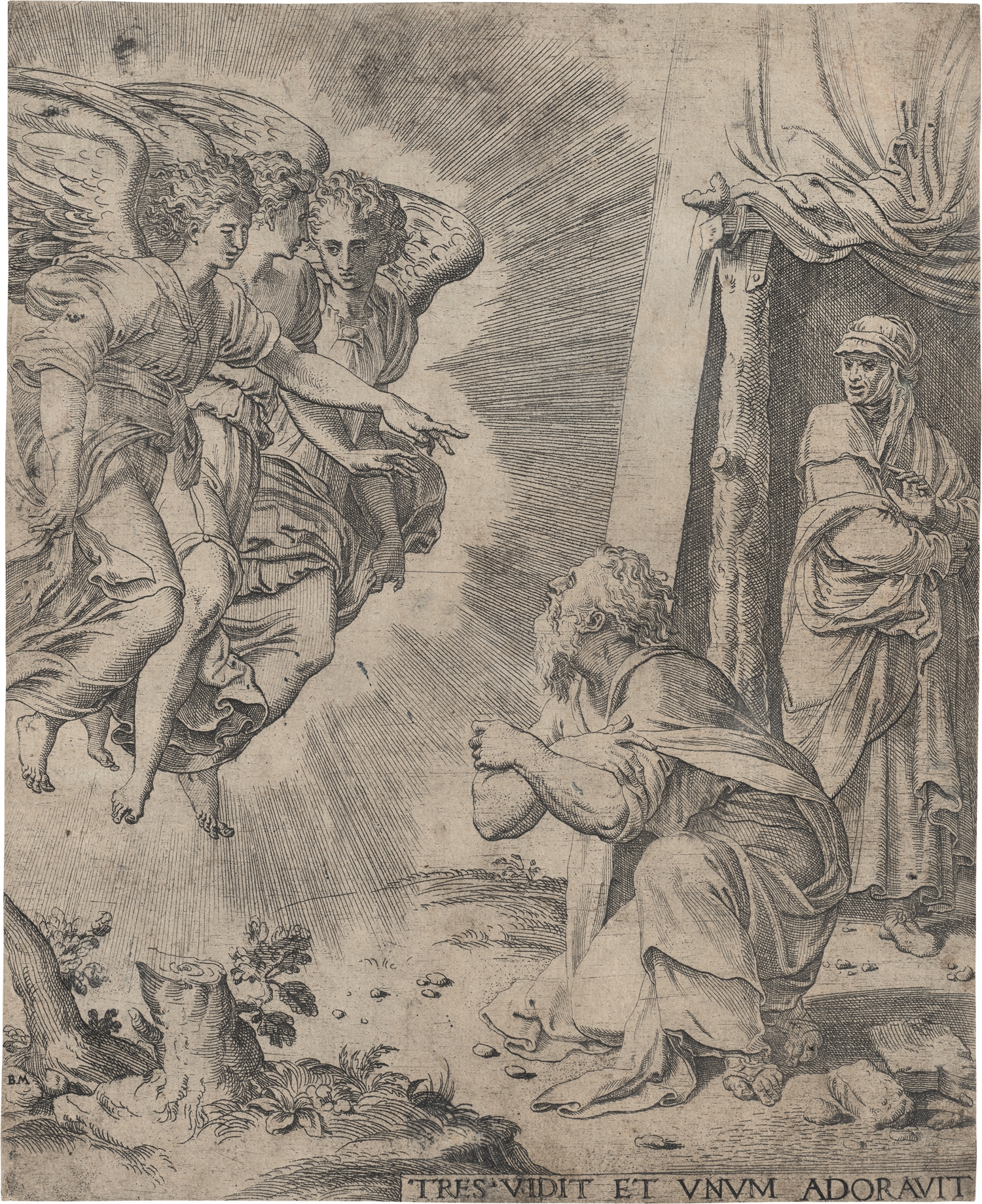 Artwork by Battista dell'Angelo del Moro, Tres vidit et unum adoravit (Abraham kniet vor den drei Engeln), Made of etching
