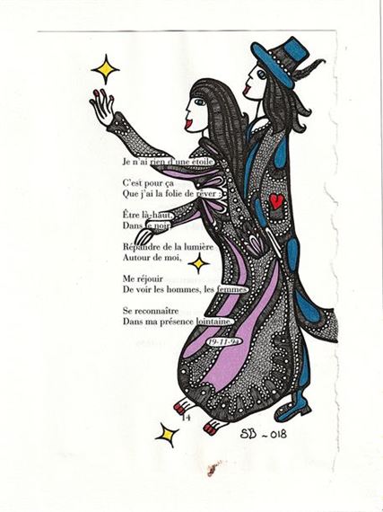 Je n'ai rien d'une étoile / Encre de Chine et crayon de couleur sur page de livre / Monogrammé et daté - Stéphanie Buttay