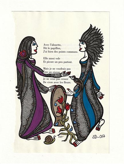 J'ai bien des points communs / Encre de Chine et crayon de couleur sur page de livre / Monogrammé et daté by Stéphanie Buttay, circa 01