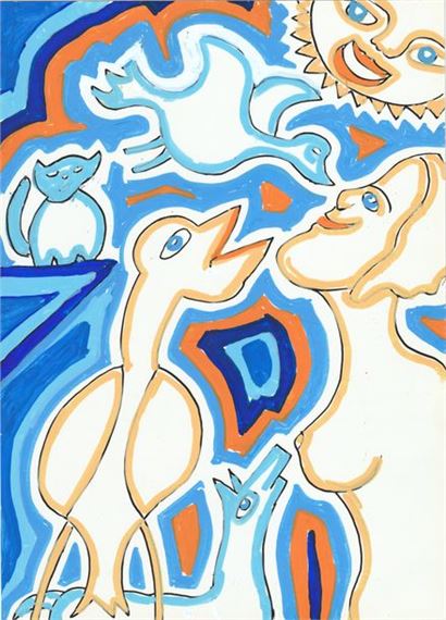 Leda et le cygne, pipite, chien et chat sous le soleil / Technique mixte sur papier fort / Titré, signé et daté by Gérard Sendrey, circa 10.10.2021