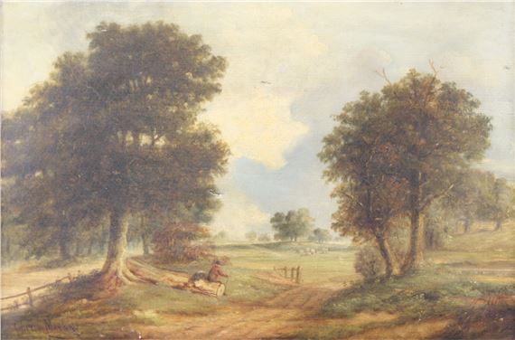 Pastoral scene with sheep and man resting on a treestump by Christopher Mark Maskell