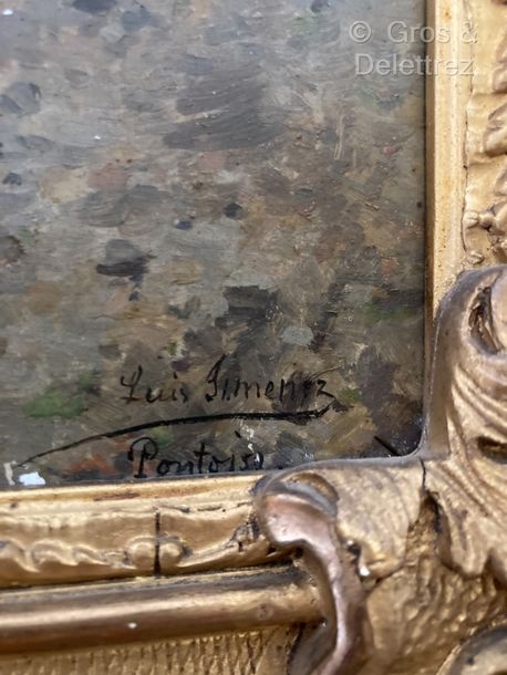 Artwork by Luis Jiménez y Aranda, Luis JIMENEZ Y ARANDA (1845-1928) Young woman with flowers in Pontoise Oil on panel signed and located lower right 34 x 26 cm, Made of Oil on panel