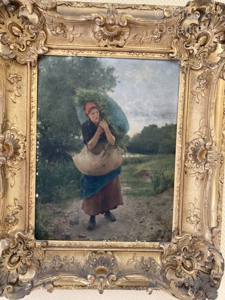 Artwork by Luis Jiménez y Aranda, Luis JIMENEZ Y ARANDA (1845-1928) Young woman with flowers in Pontoise Oil on panel signed and located lower right 34 x 26 cm, Made of Oil on panel